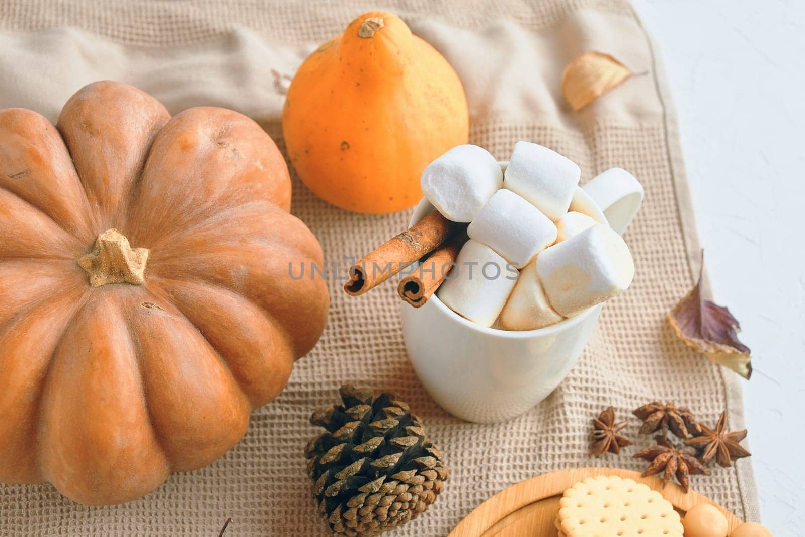 A cozy autumn setup featuring pumpkins, marshmallows in a cup, cinnamon sticks, and fall decorations.