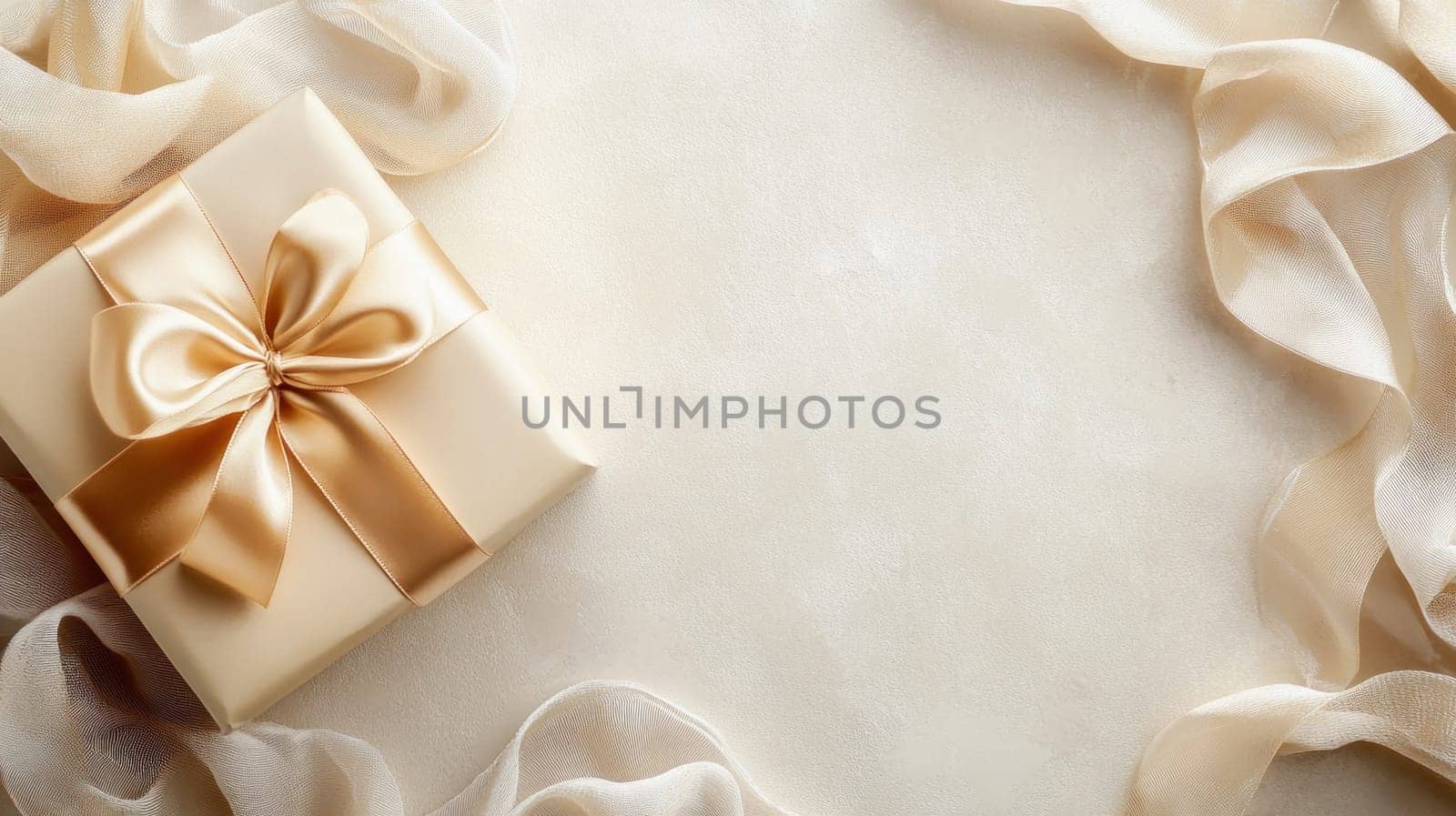 Golden gift box with ribbon and delicate fabric on a beige background creating a luxurious and festive atmosphere