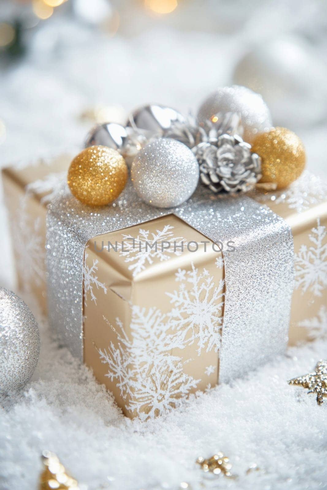 Golden christmas gift decorated with silver and gold ornaments and pine cone lying on snow with blurred lights in background