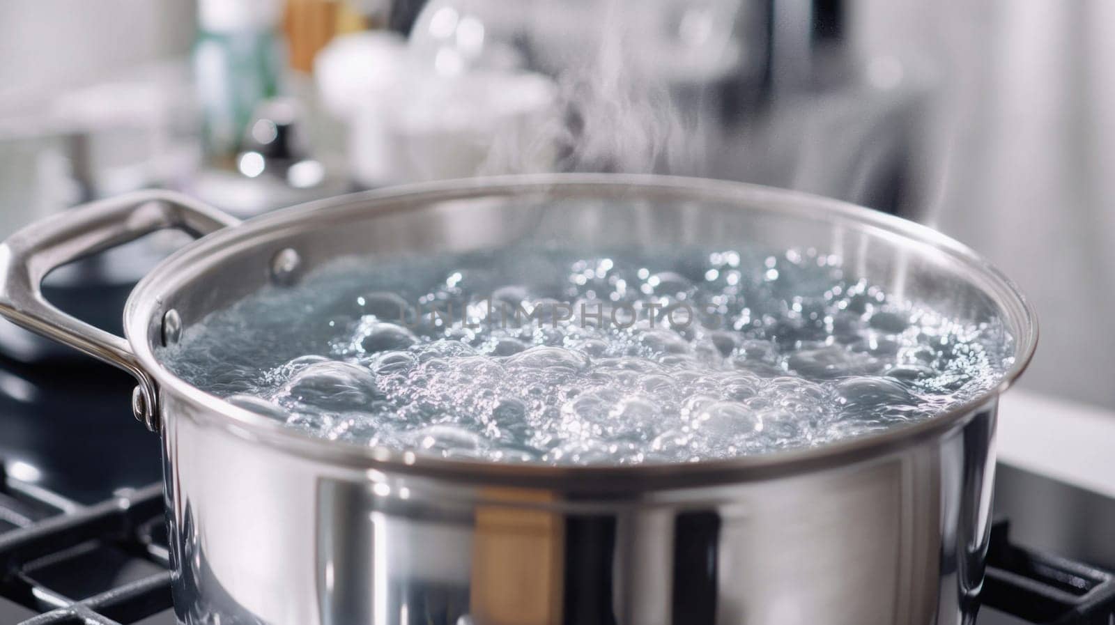 Pot of boiling water steaming on a modern kitchen stove