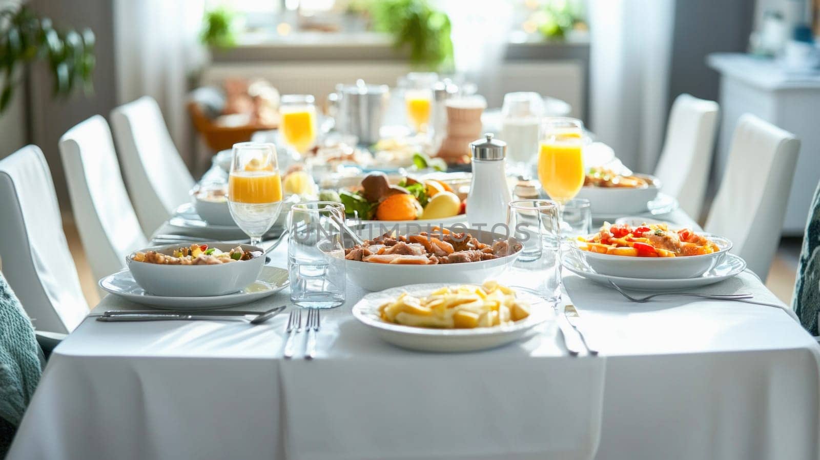 Table set for family celebration dinner with various dishes and orange juice