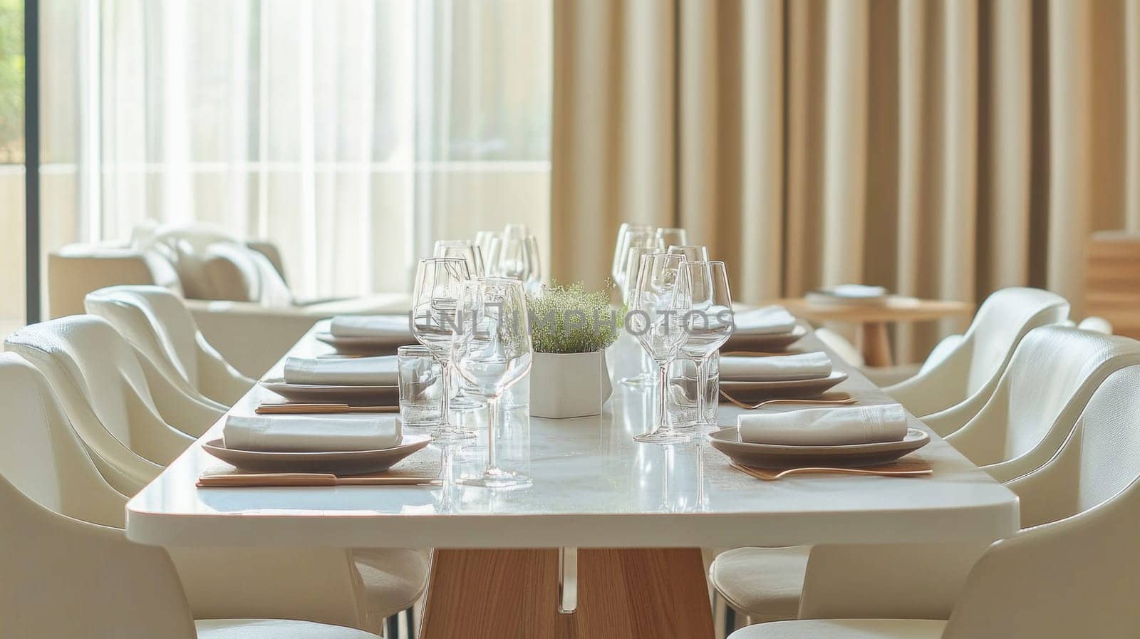 Empty white dining table is set for a meal, suggesting anticipation and sophisticated hospitality