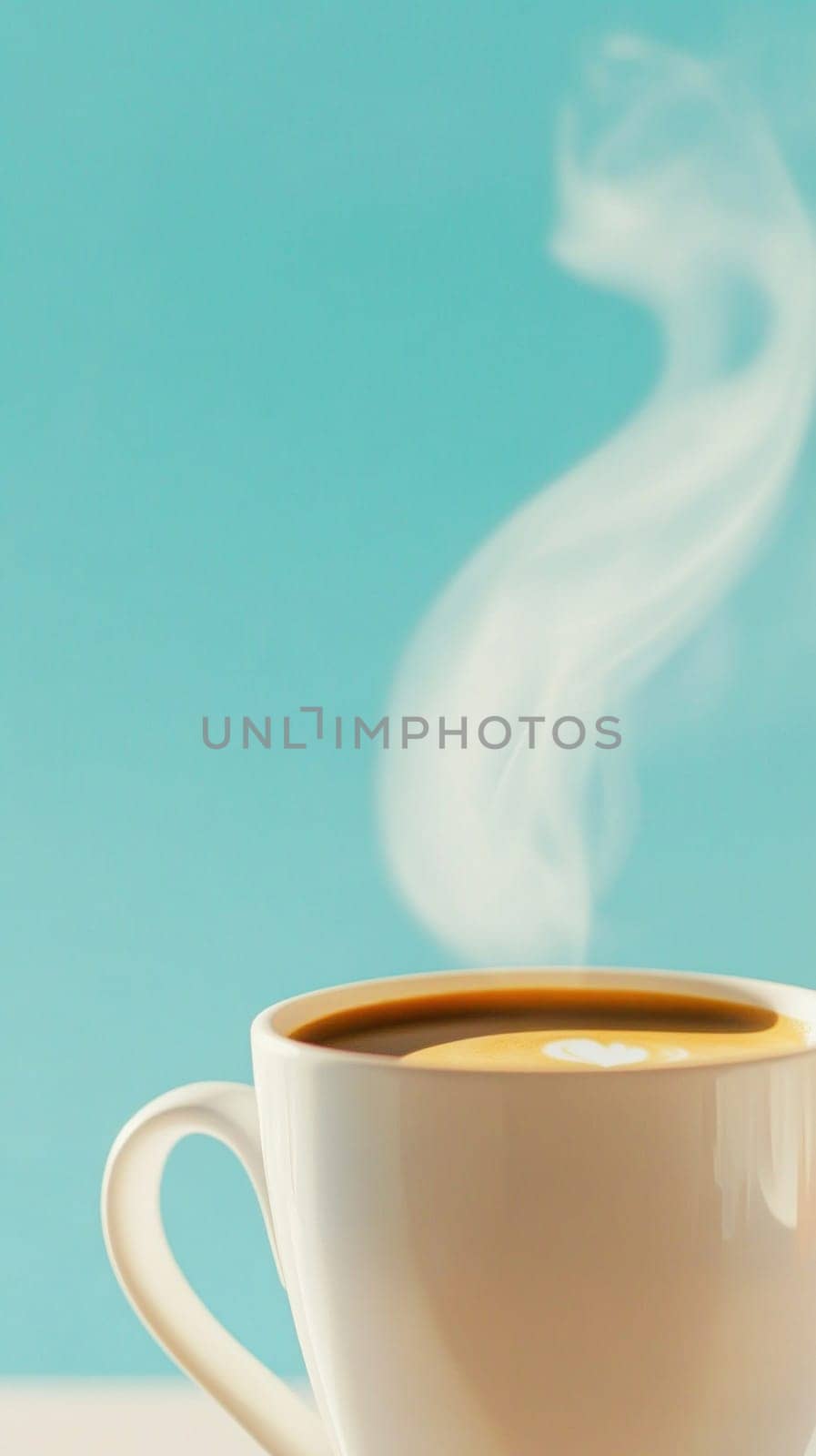 White cup of hot coffee with heart shaped foam and steam rising against a turquoise background