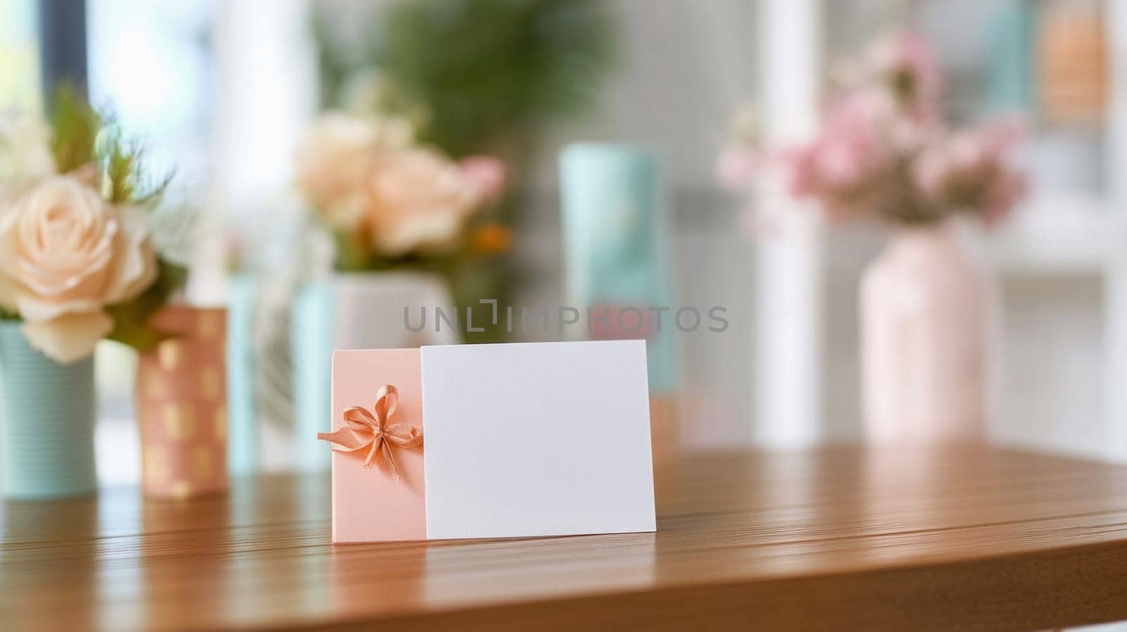 White blank card decorated with pink bow on wooden table with blurred flowers background, ready for your text