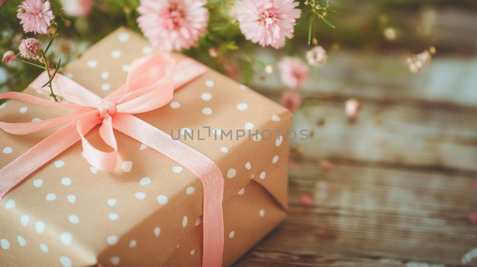 Wrapped gift box with pink ribbon and pink flowers on wooden table, ideal for birthday, mother's day, valentine's day, or other special occasion