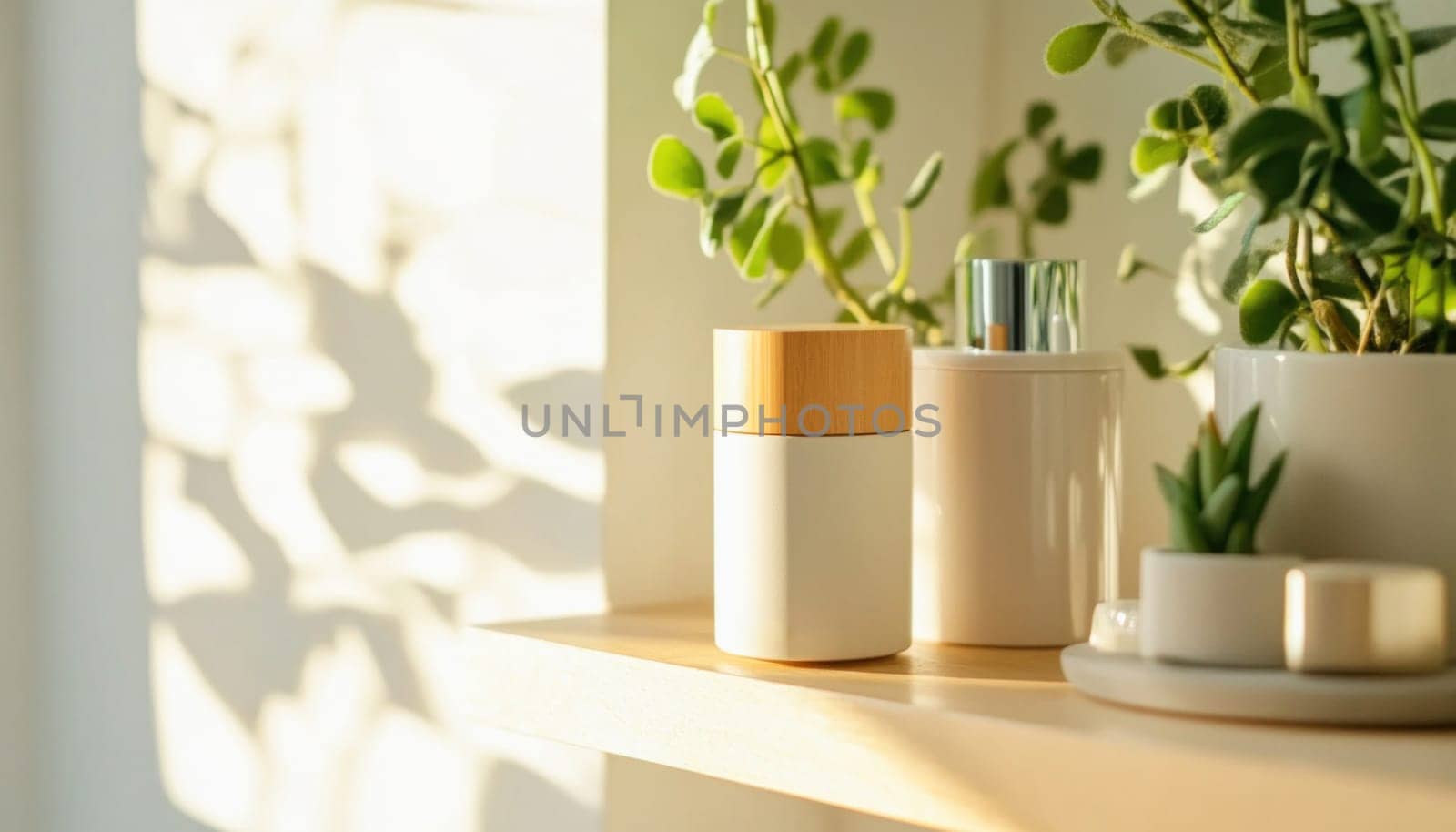 Eco friendly cosmetic containers and houseplants basking in sunlight on a shelf, promoting natural beauty and wellness