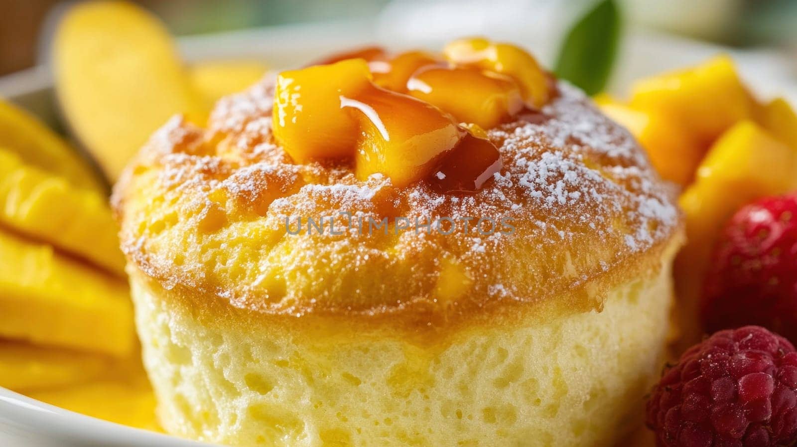 Fluffy souffle is garnished with fresh mango slices, drizzled with syrup, and dusted with powdered sugar