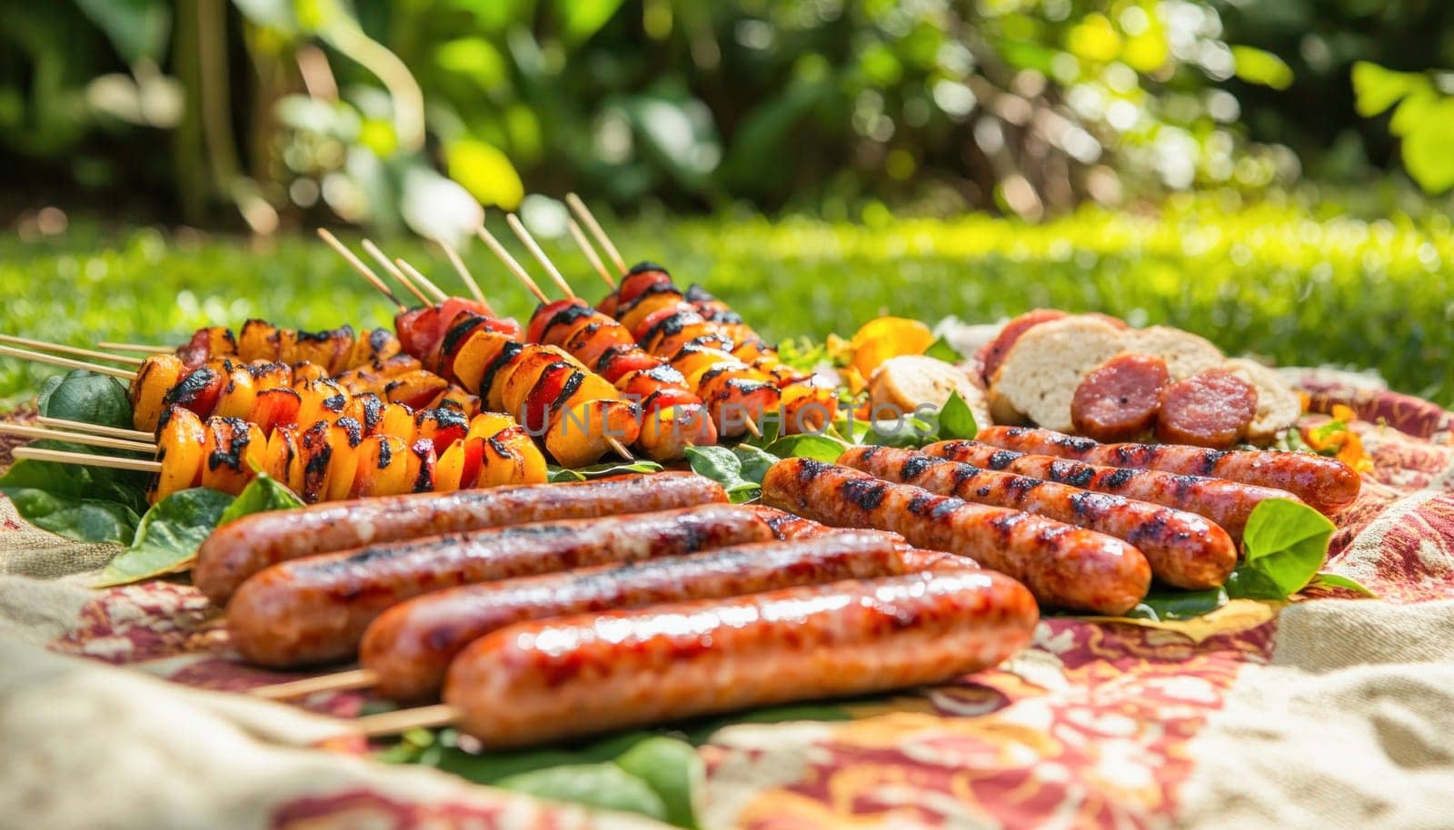 Delicious grilled sausages and colorful vegetable skewers are arranged on a picnic blanket in a lush garden setting, creating a perfect barbecue scene