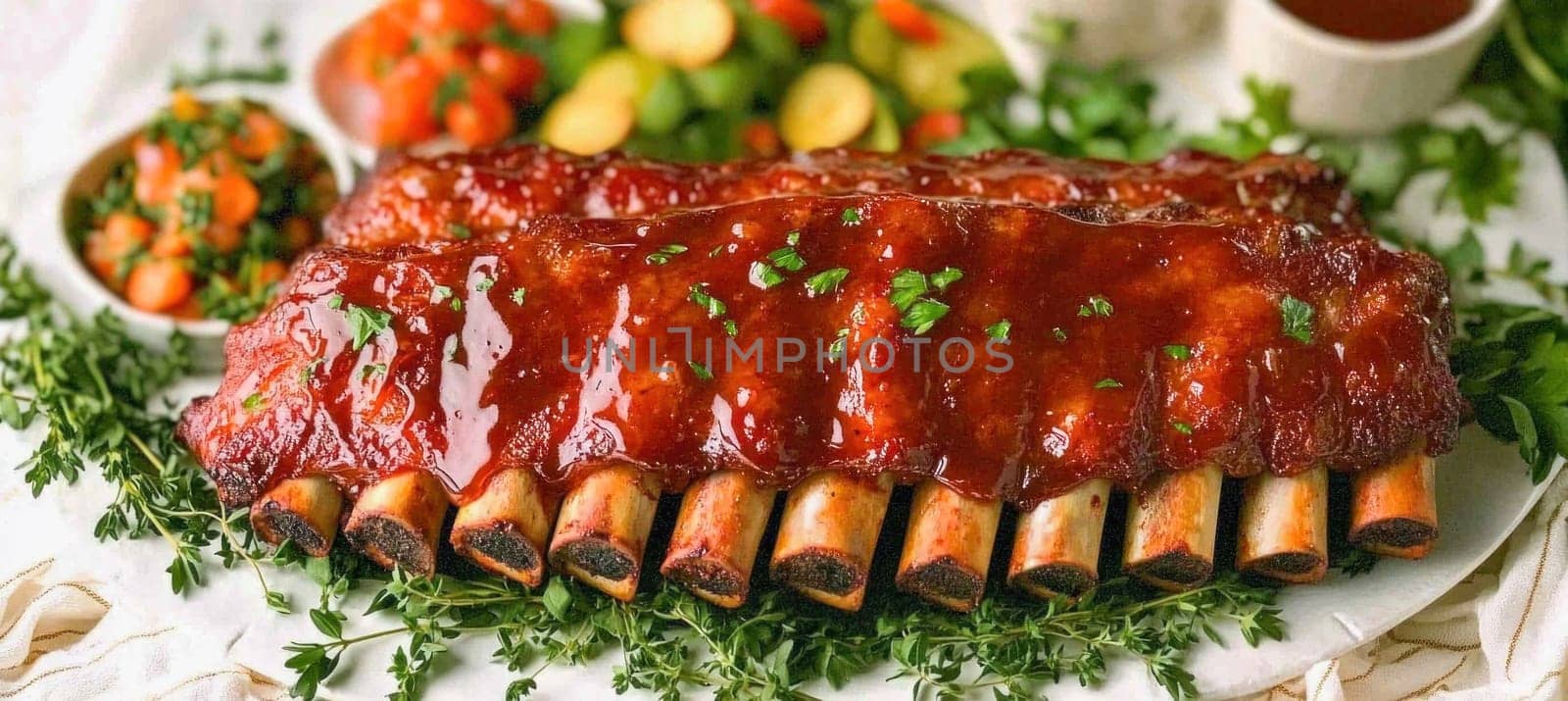 Delicious and juicy bbq pork ribs garnished with fresh parsley served with fresh vegetable salad