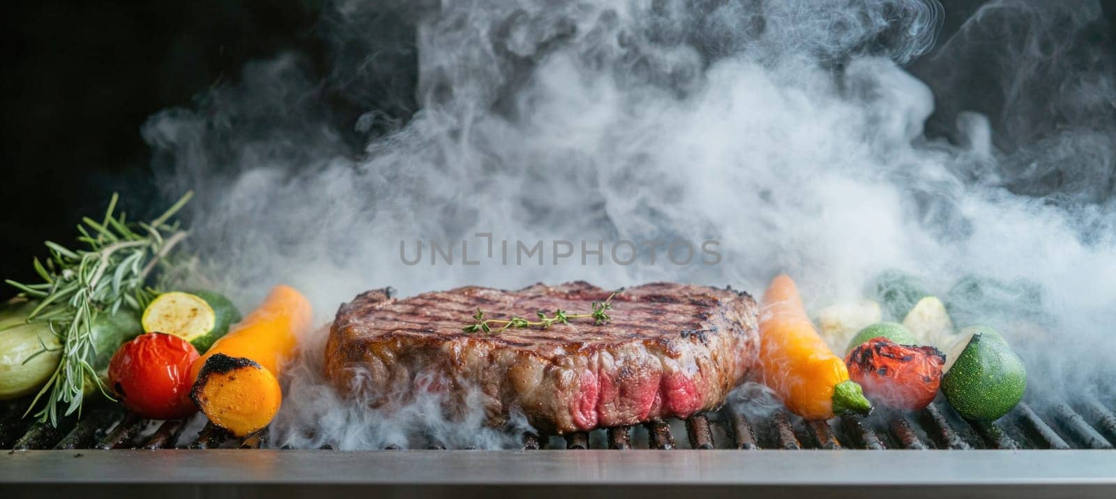 Large piece of meat and vegetables grilling on professional barbecue grill, emitting a lot of smoke
