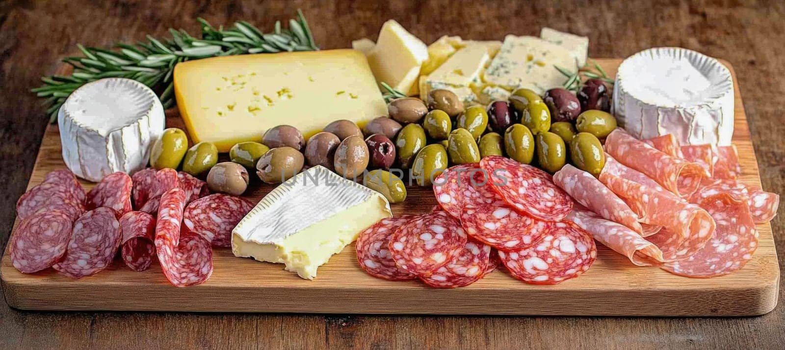 Gourmet charcuterie board presenting an assortment of cheeses, cured meats, and olives, creating an enticing appetizer or snack