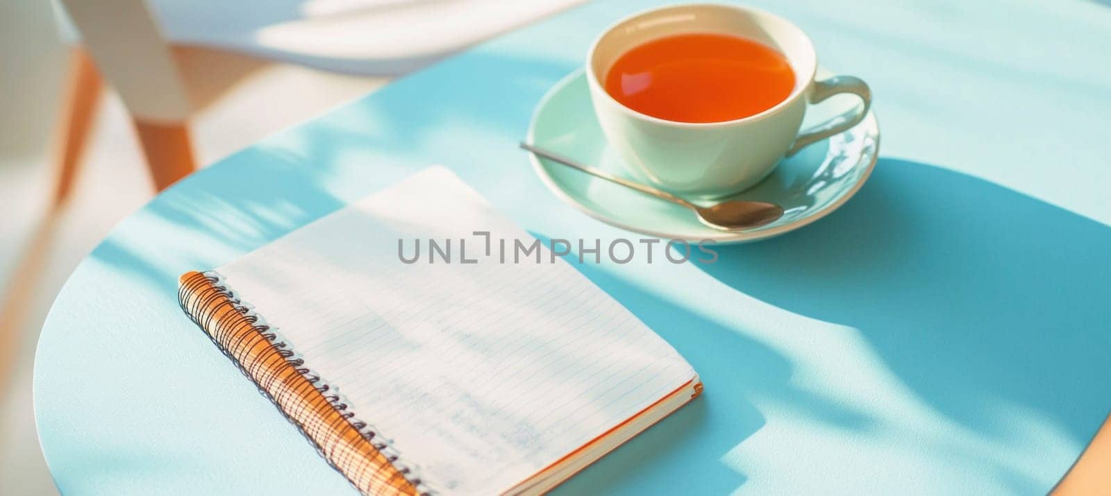 Open notebook and teacup sit on a light blue table, bathed in sunlight streaming through a nearby window, creating a peaceful and inviting scene