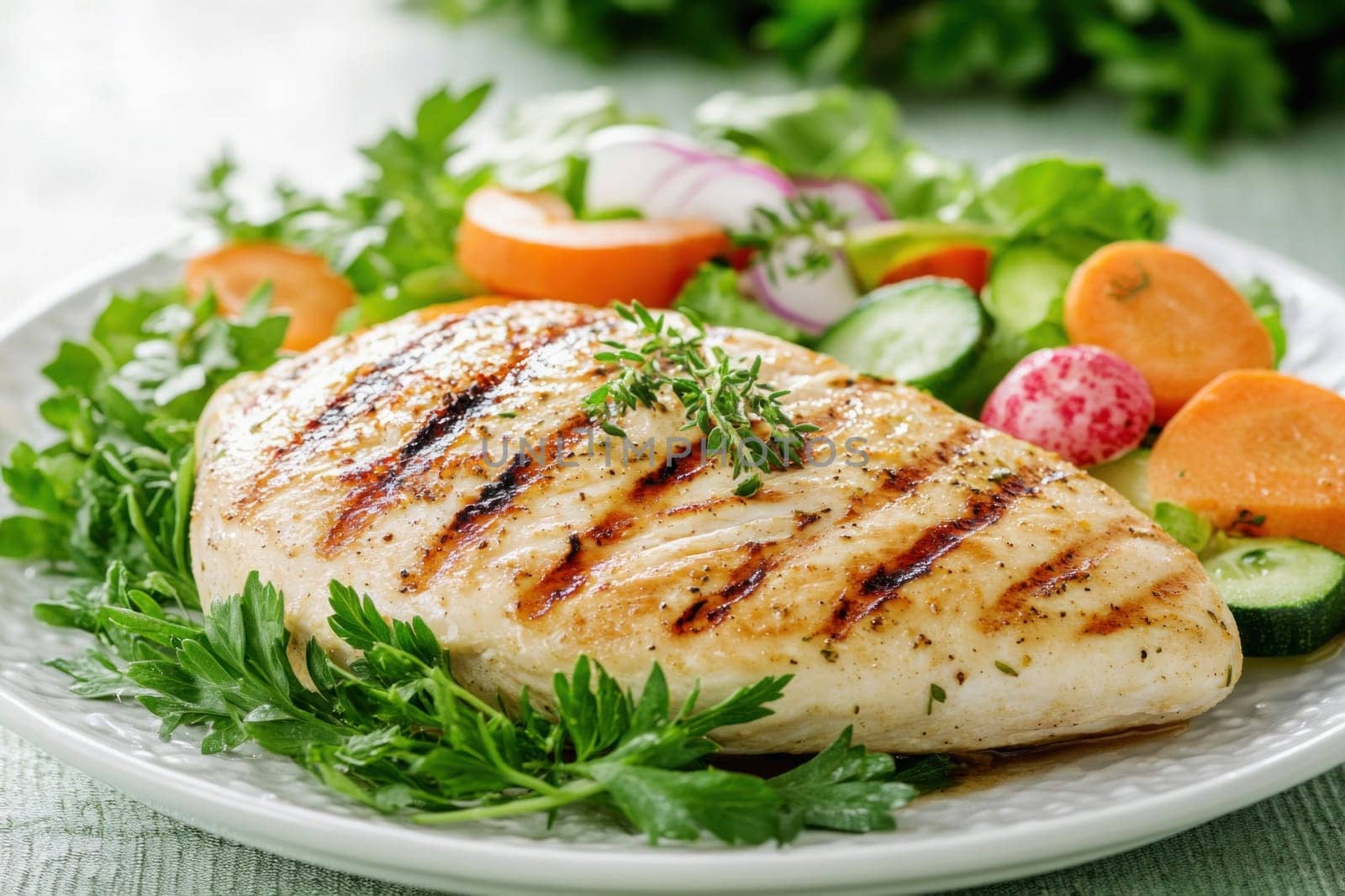 Delicious grilled chicken breast seasoned with herbs and served with a fresh, colorful salad, promoting healthy eating