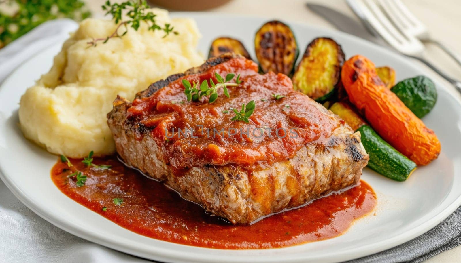 Delicious grilled steak served with mashed potatoes, grilled zucchini and carrots, and covered in a rich tomato sauce