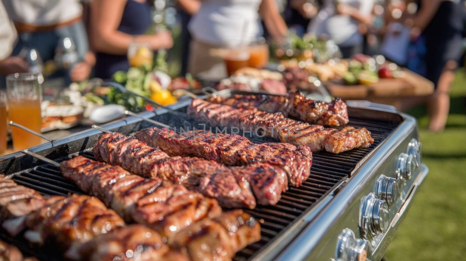 Meat skewers grilling on a barbecue grill during an outdoor garden party