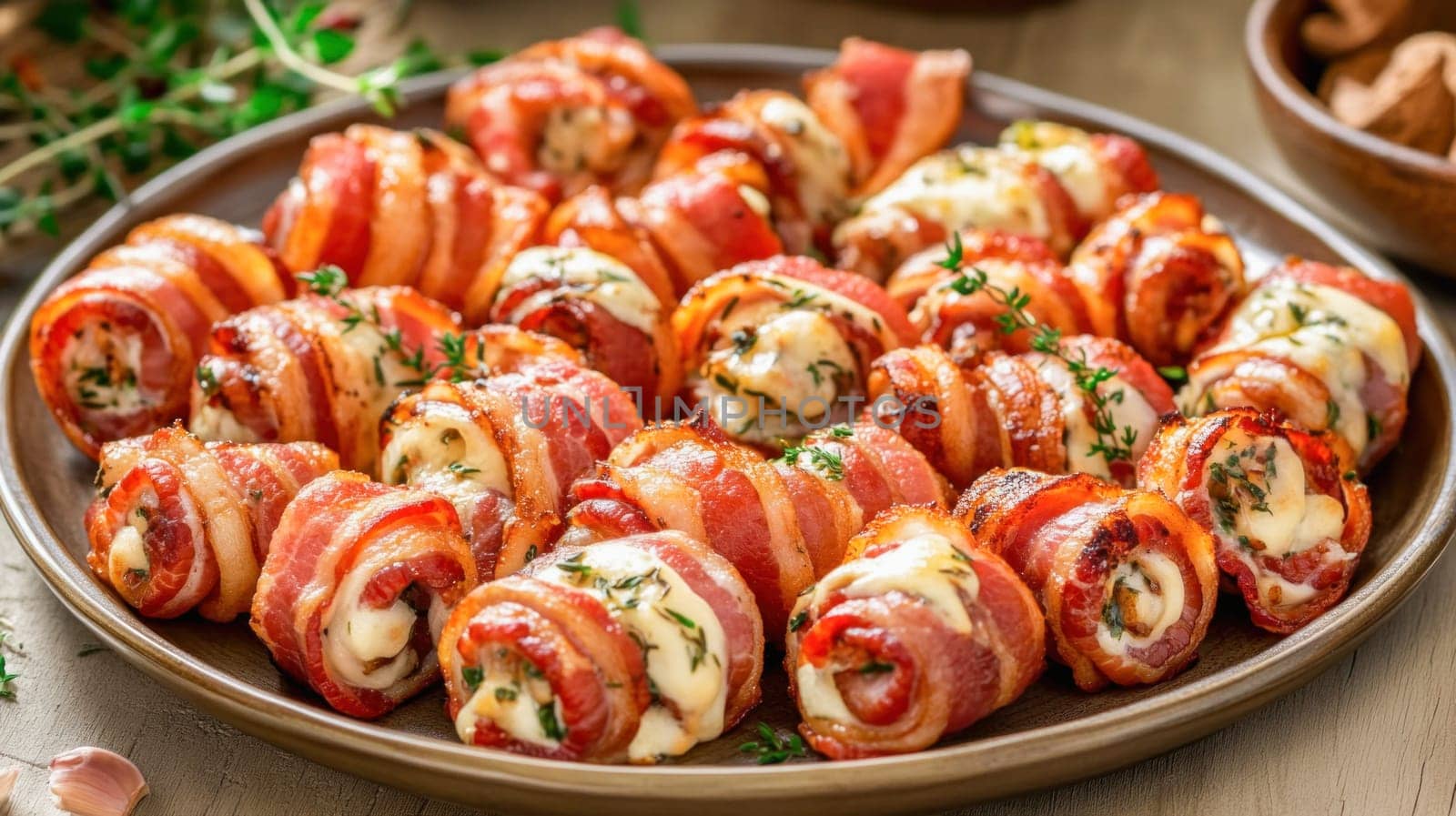 Close up of bacon wrapped chicken rolls garnished with fresh thyme, showcasing a savory appetizer or snack