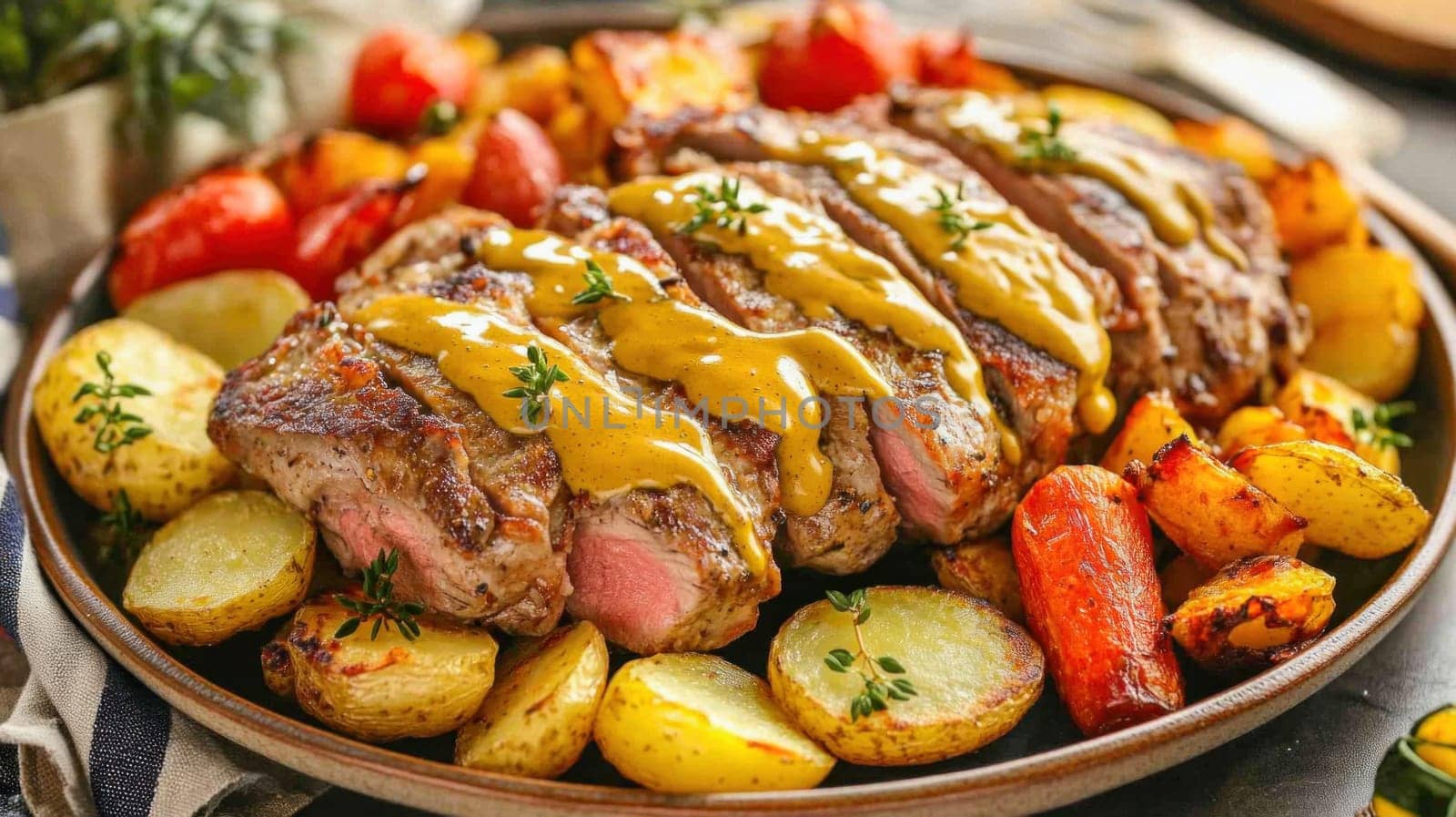 Delicious sliced grilled beef steak with mustard sauce and roasted potatoes, carrots, and tomatoes served on a plate