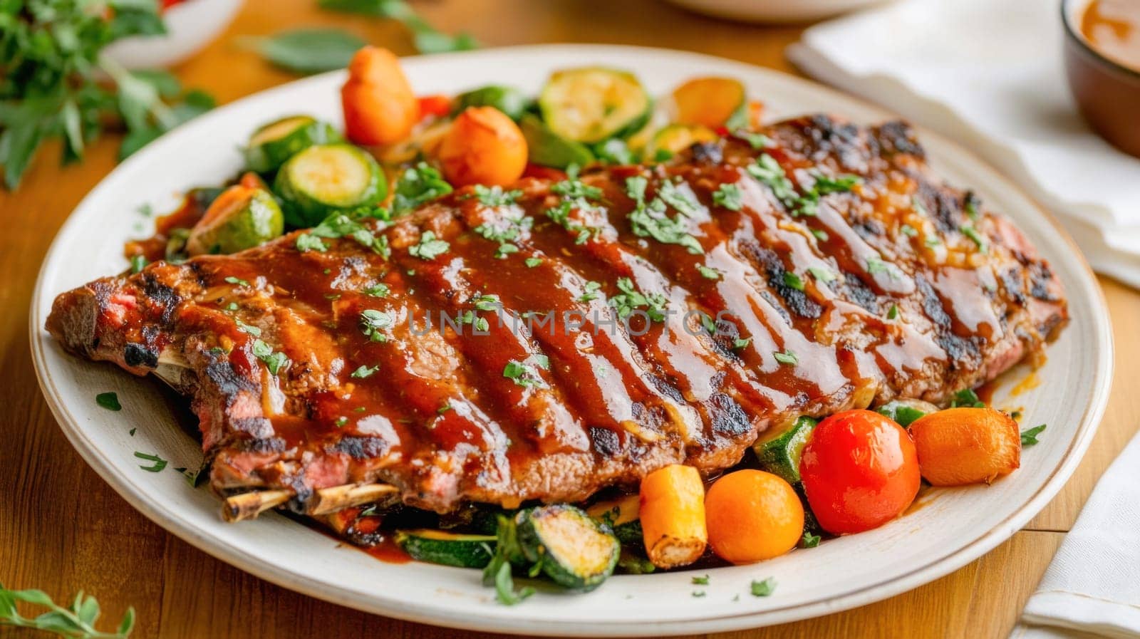 Bbq ribs garnished with fresh herbs are served with grilled vegetables on a white plate