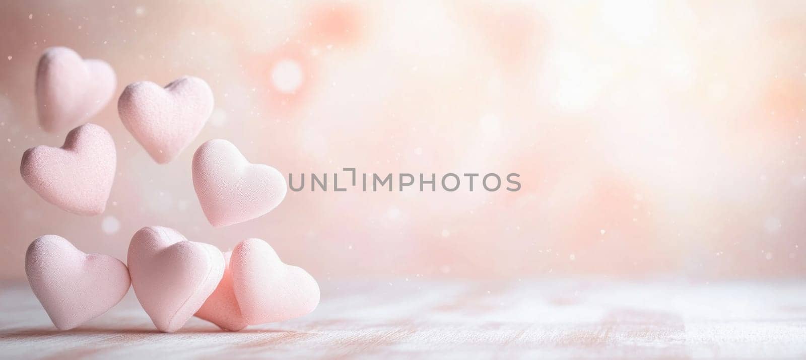 Pink hearts floating on a warm background with bokeh, creating a romantic atmosphere for valentine's day or other special occasions