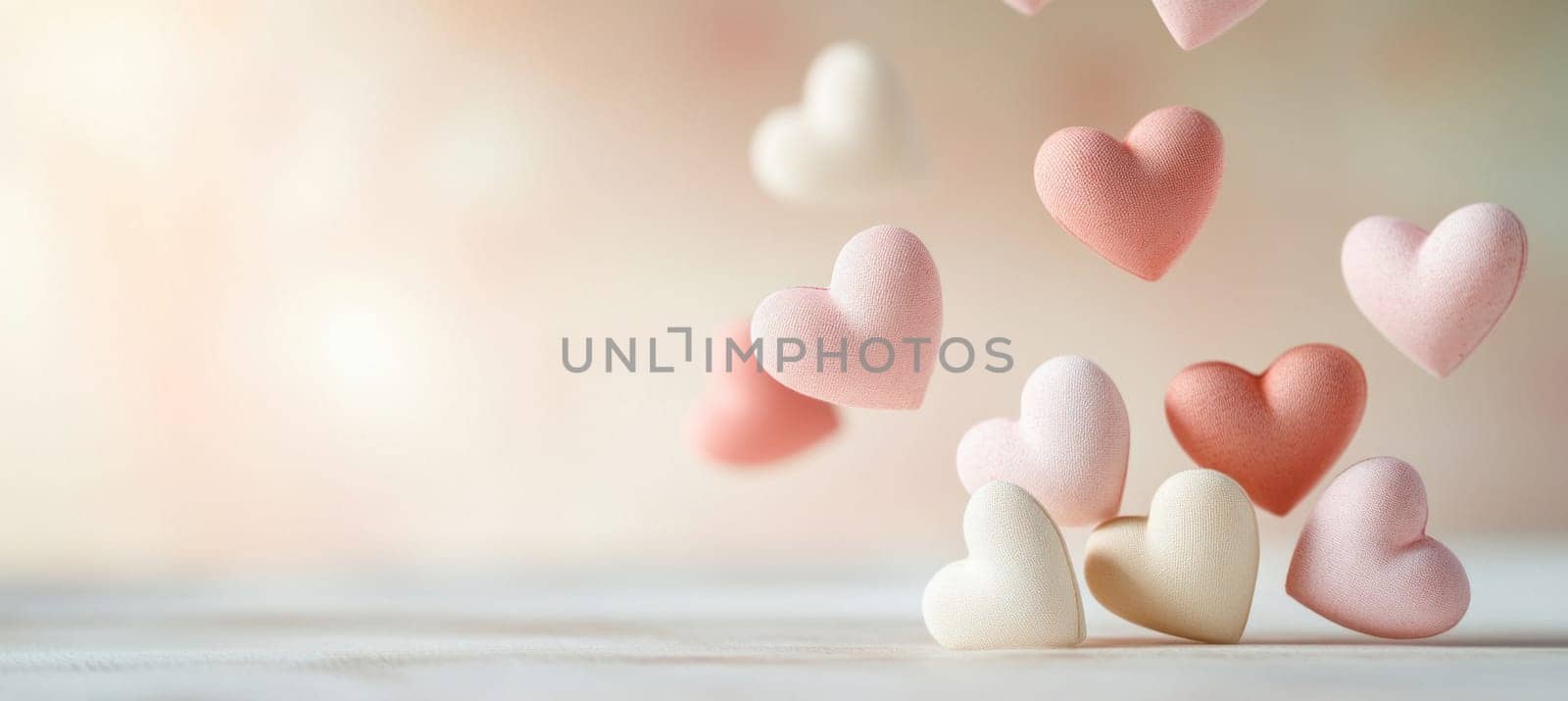Sugary hearts falling gently onto a white wooden surface, creating a romantic and dreamy atmosphere