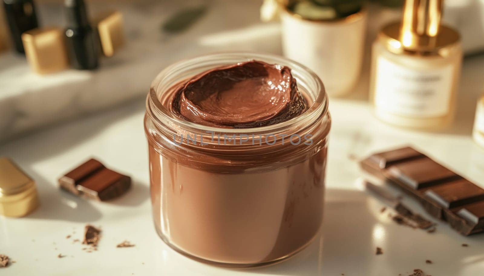 Glass jar with chocolate cream or mask placed on white table with pieces of dark chocolate and various beauty products