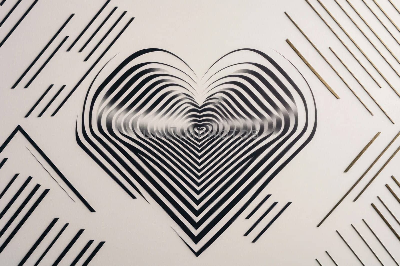 Black and white lines creating a hypnotic optical illusion of a three dimensional heart, a captivating abstract design