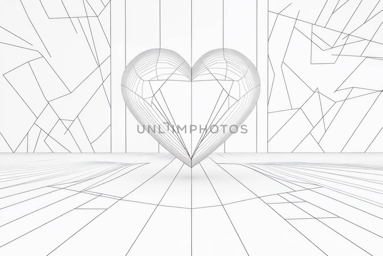Wireframe heart is floating in abstract white room
