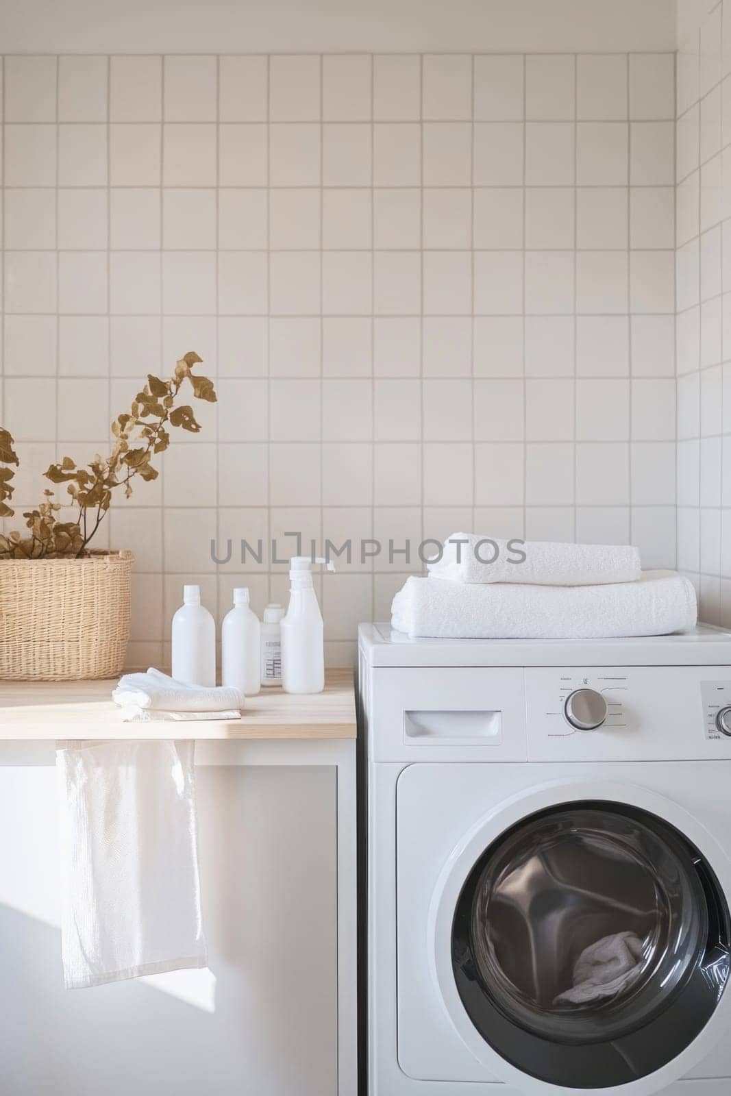 Interior of a modern laundry room with washing machines and detergents on a shelf