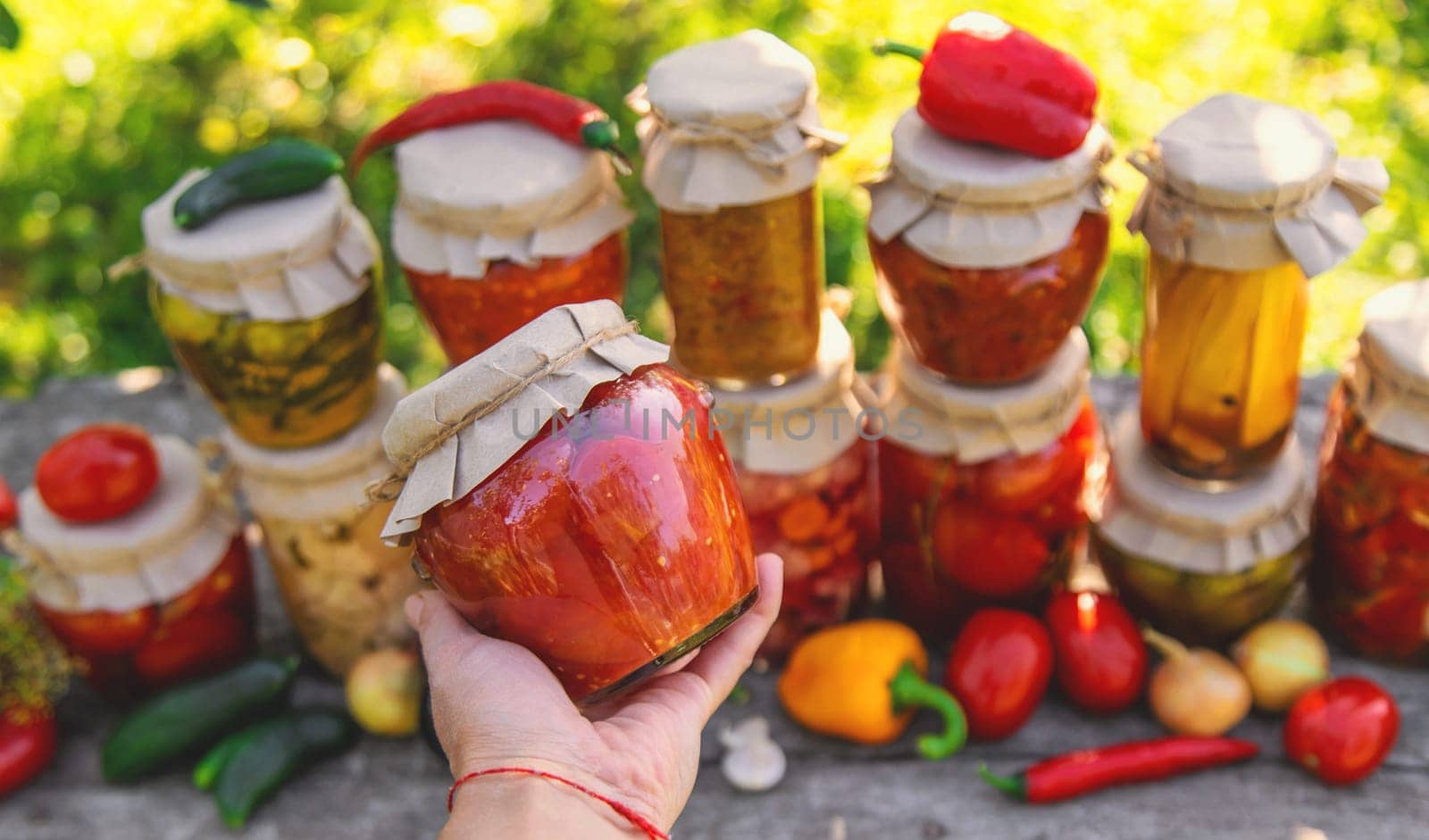 Preservation of different kinds in jars. Selective focus. food.