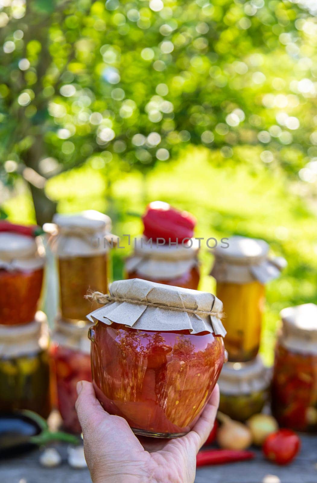 Preservation of different kinds in jars. Selective focus. food.