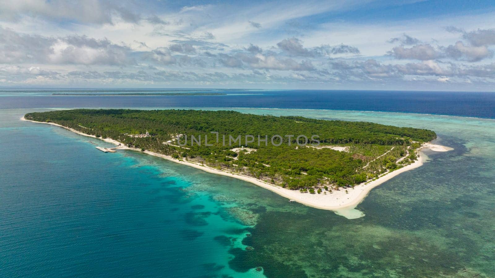 Aerial view of island with beautiful beach, palm trees by turquoise water view from above. Patongong Island with sandy beach. Balabac, Palawan. Philippines.