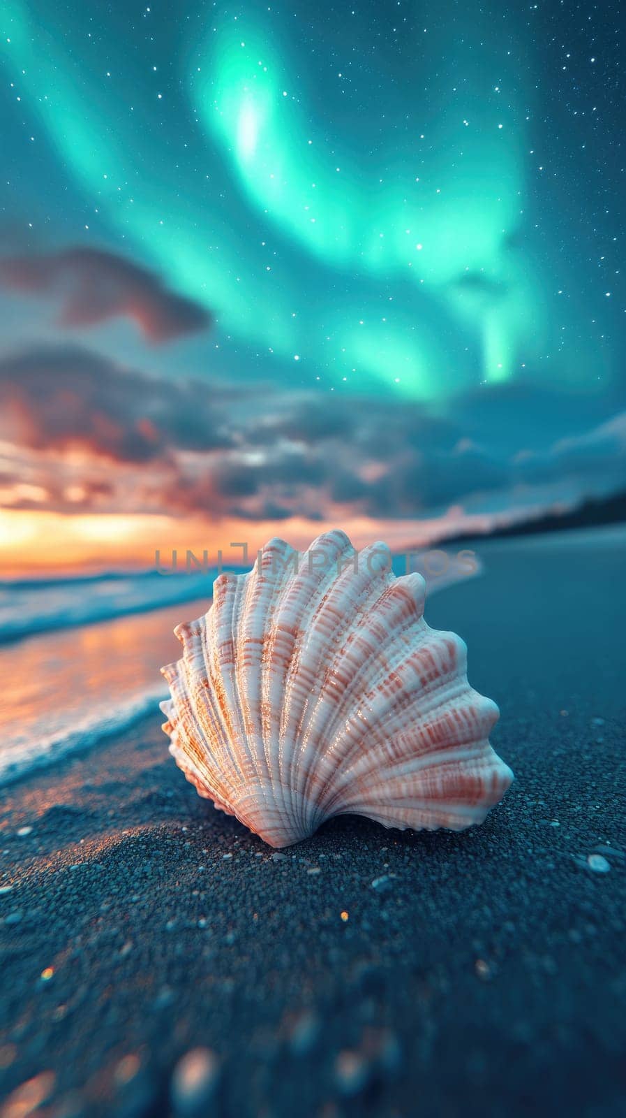 Conch Shell: delicate seashell, beach setting, tranquil ambiance, coastal beauty, sandy shore, peaceful sound, natural ornament, oceanic charm, serene atmosphere, captivating ocean view,