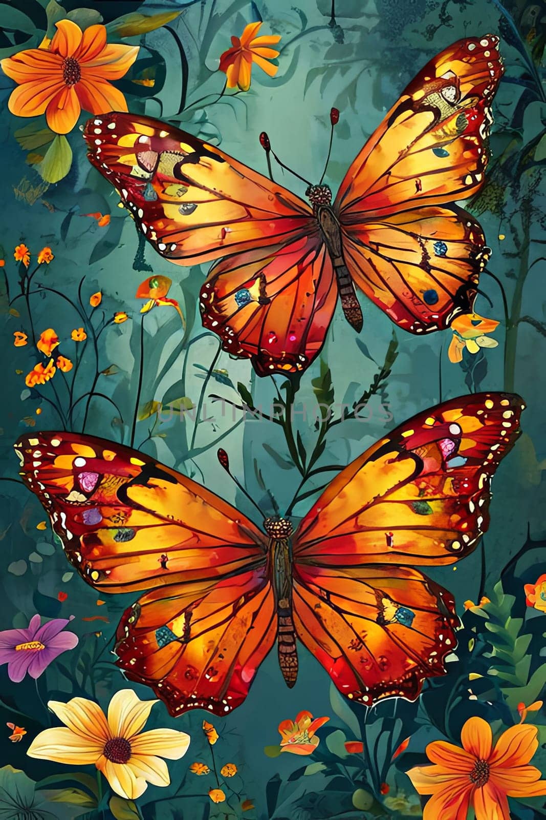 Artistic depiction of two radiant butterflies amidst lush floral patterns, capturing the essence of spring. Great for wallpapers, nature-inspired artwork, greeting cards, print, digital designs