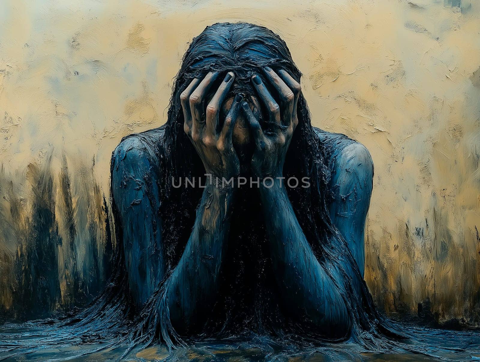 A woman is in a painting with her hands on her face. The painting is dark and moody, with a sense of sadness and despair. The woman's expression is one of deep contemplation or grief
