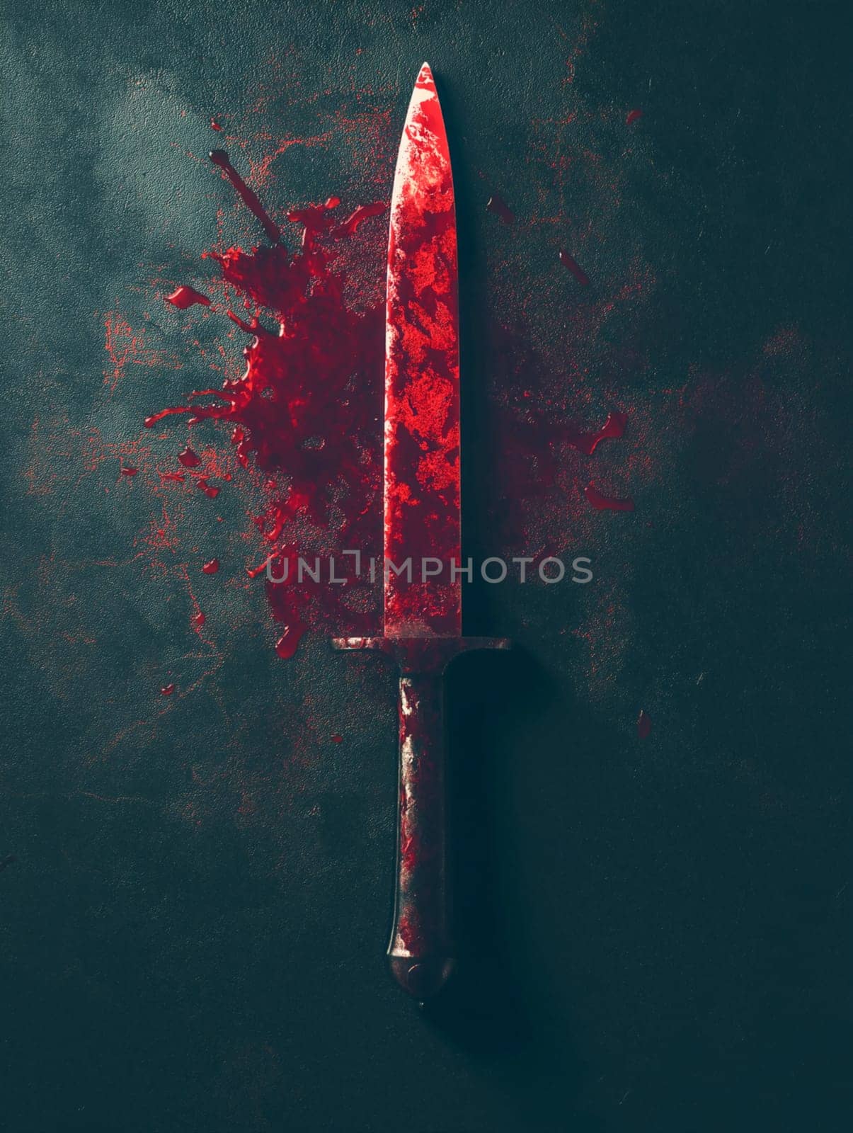 A bloody knife is on a black background. The knife is red and has blood on it. The image has a dark and ominous mood