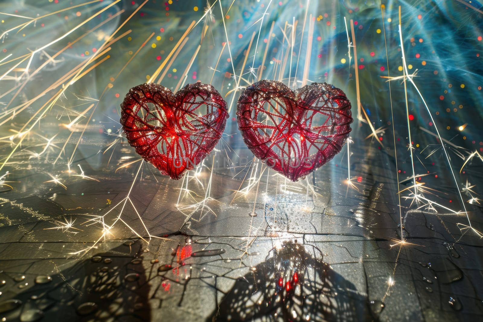 Two beautifully intertwined hearts, surrounded by dazzling, sparkling light, an ideal scene for romantic celebrations