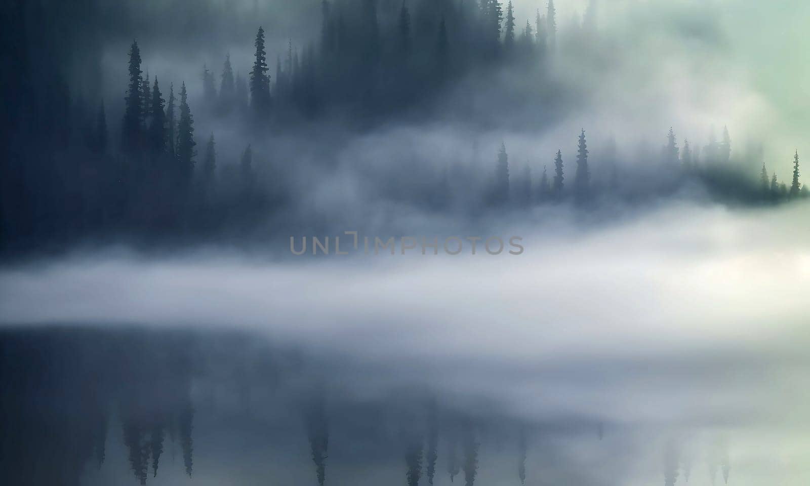 A foggy forest with trees and a lake. The trees are tall and the lake is calm