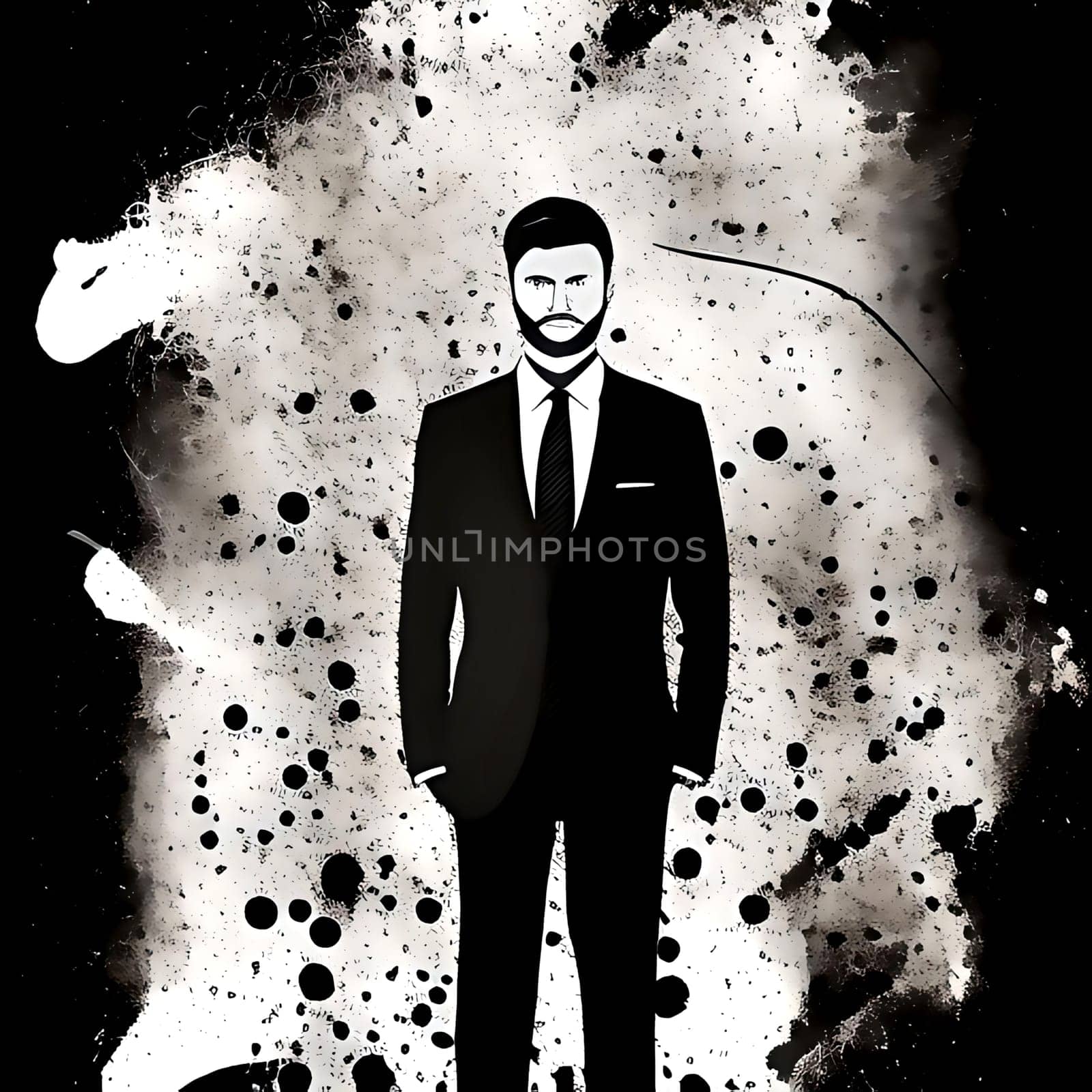 A man in a suit stands in front of a splatter of paint. The splatter is black and white, and the man is the only color in the image