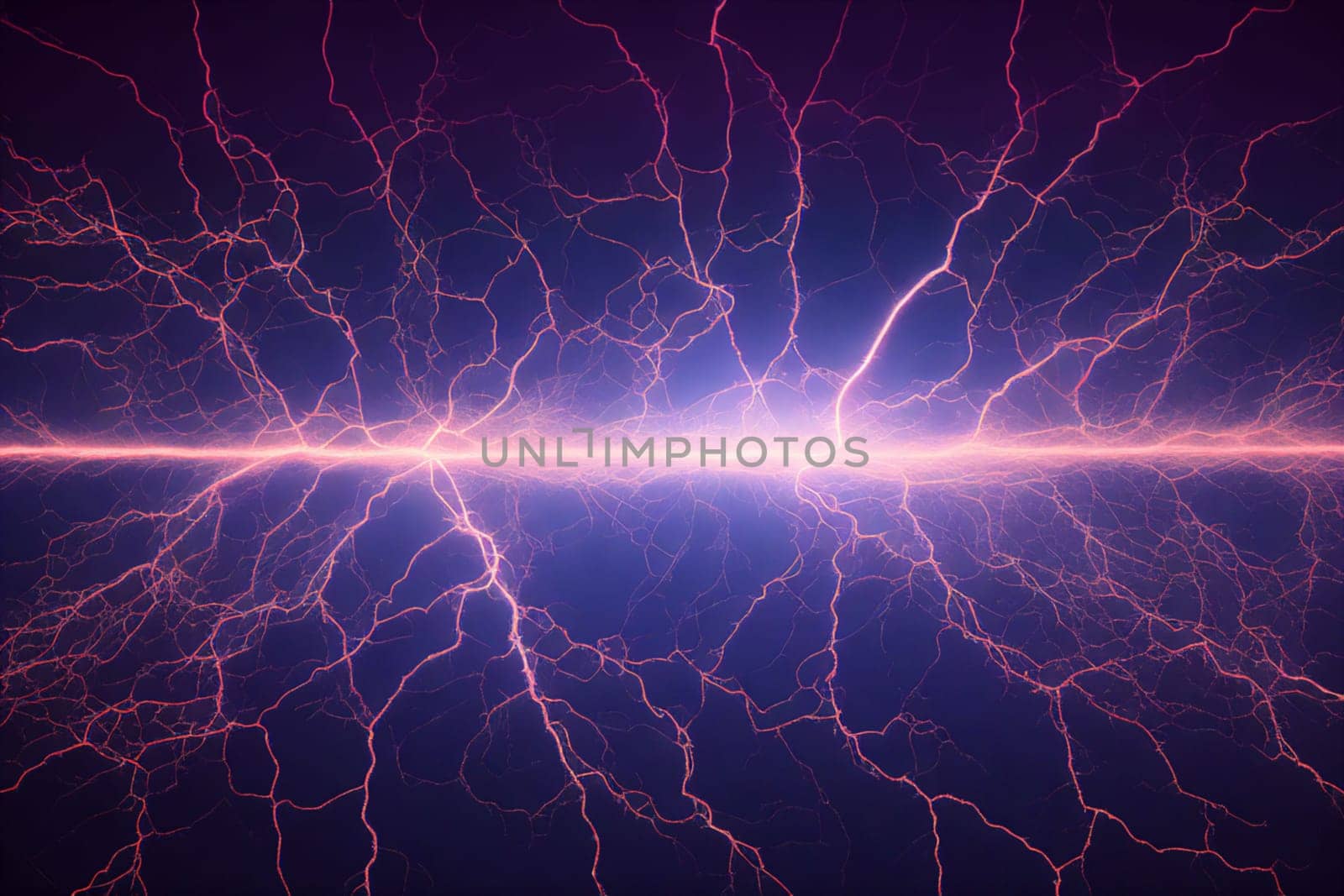 A purple sky with a bright orange line of lightning. The sky is dark and the lightning is bright and powerful