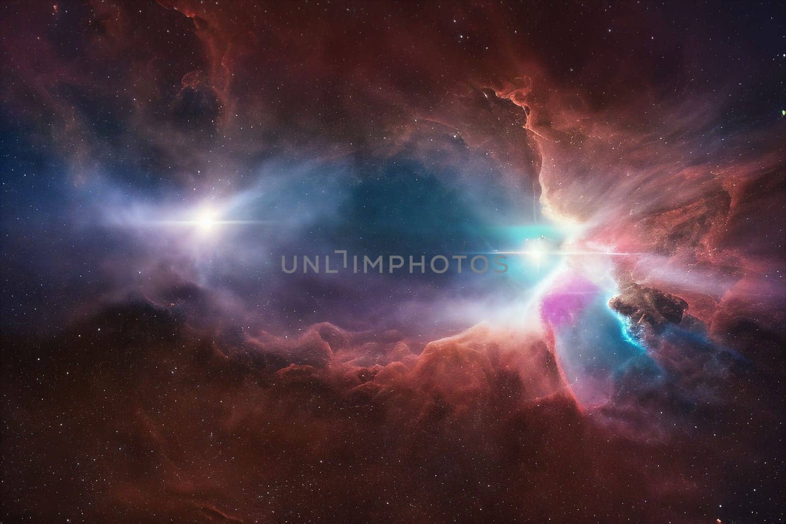 A colorful space scene with a red cloud in the middle. The stars are scattered throughout the sky