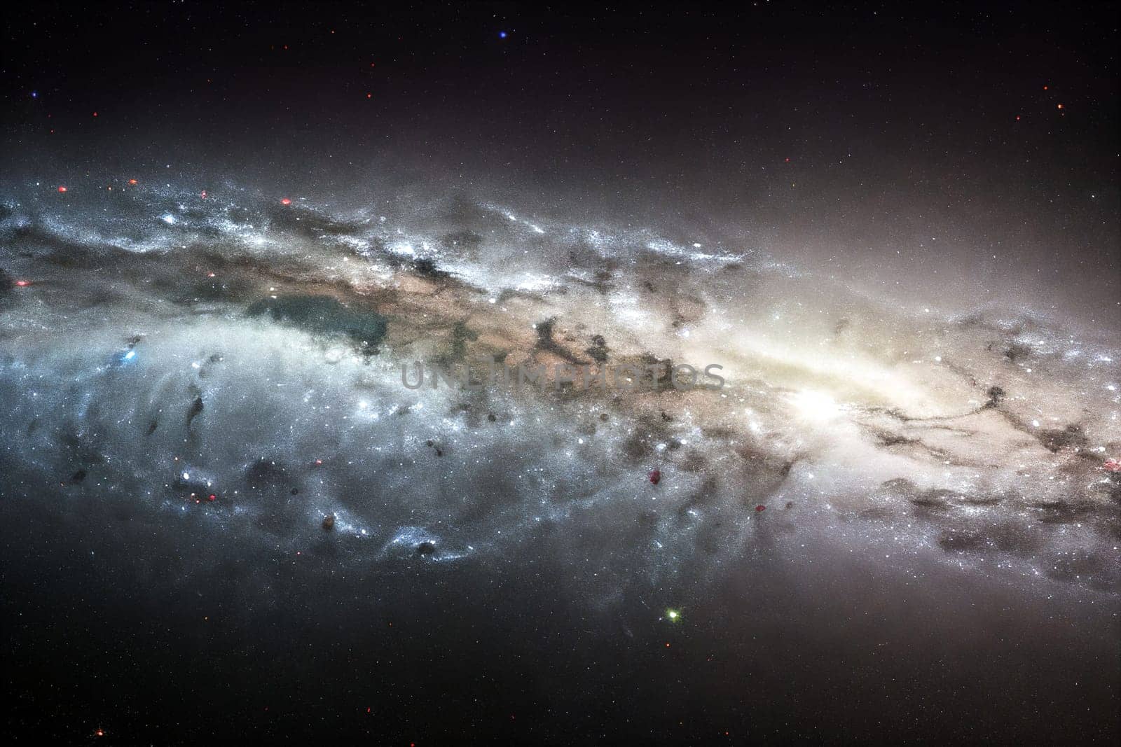 A vast, star-filled sky with a spiral galaxy in the center. The galaxy is surrounded by a cloud of dust and gas, and there are many stars scattered throughout the scene