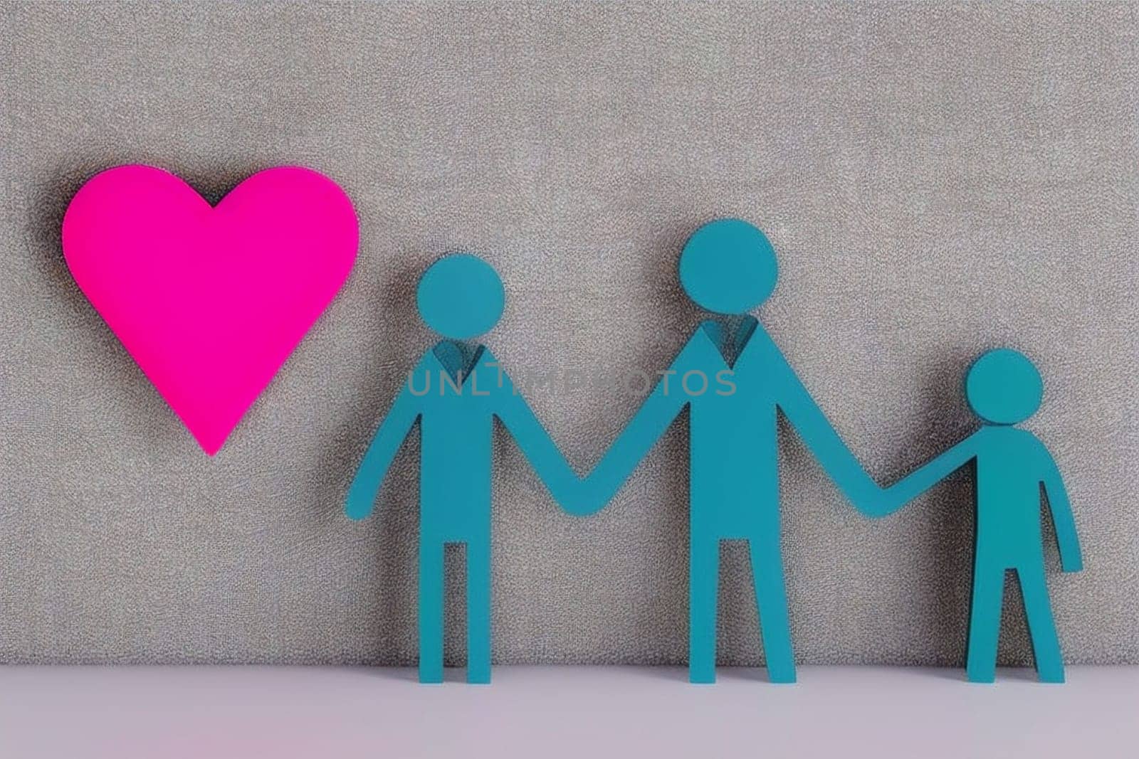 A blue family with a pink heart in the background. The family is holding hands and the heart is pink