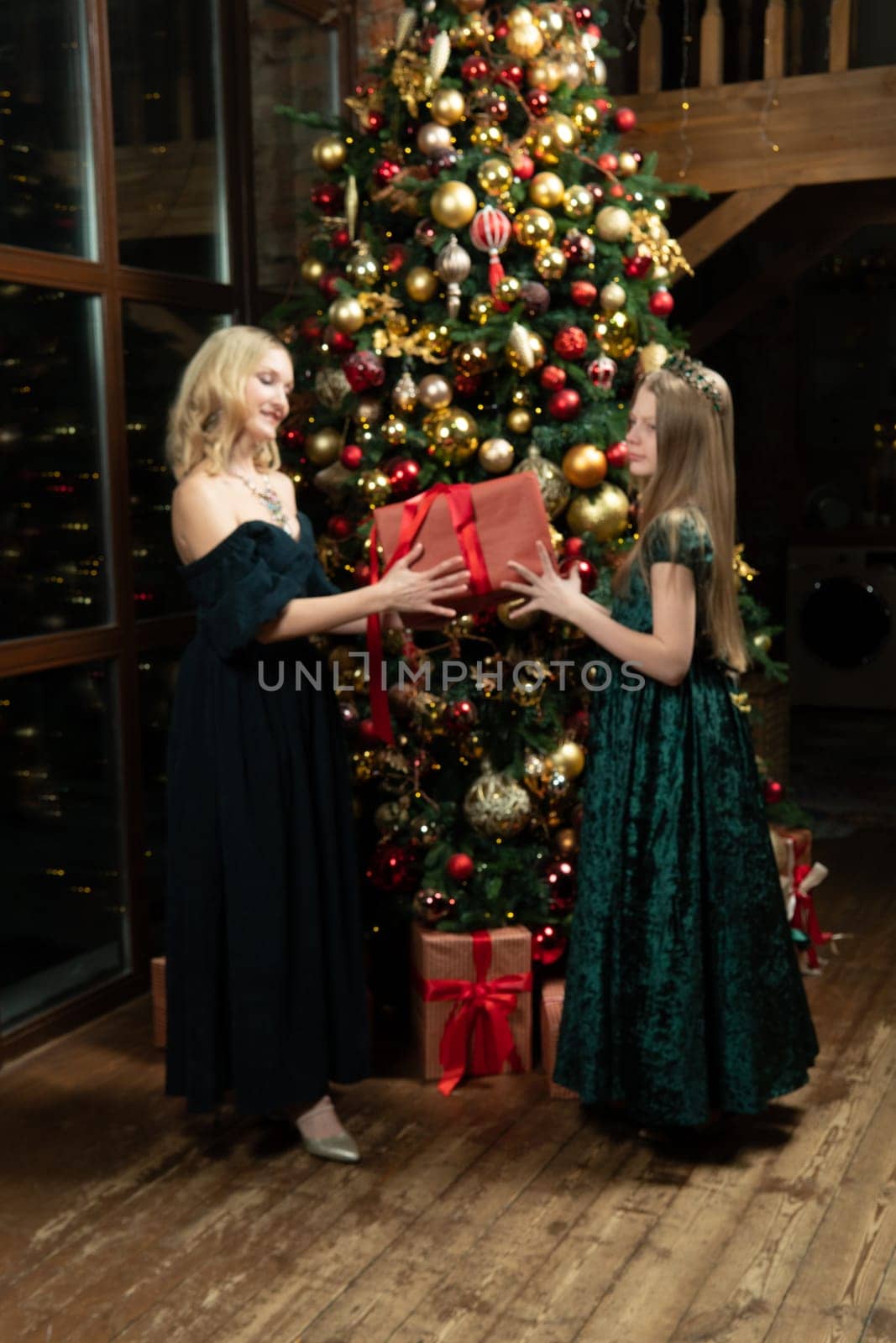 holiday people celebration surprise family present gift tree winter christmas girl decoration
