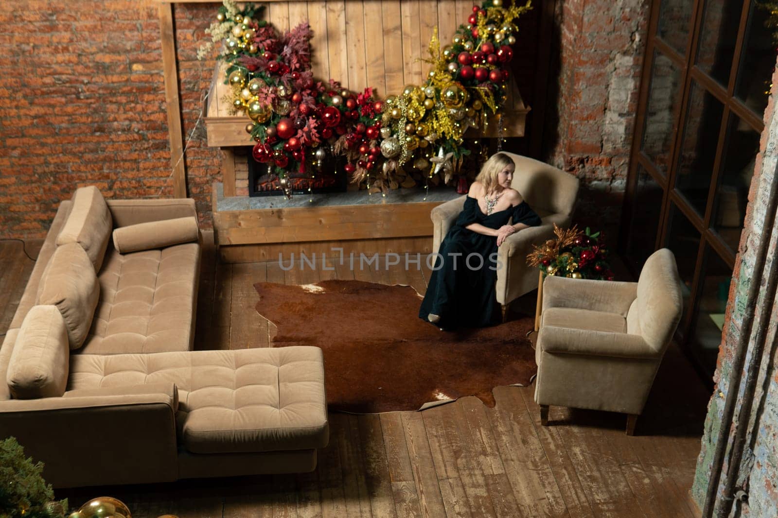 young holiday new year home cozy alone woman christmas celebration fireplace girl tree