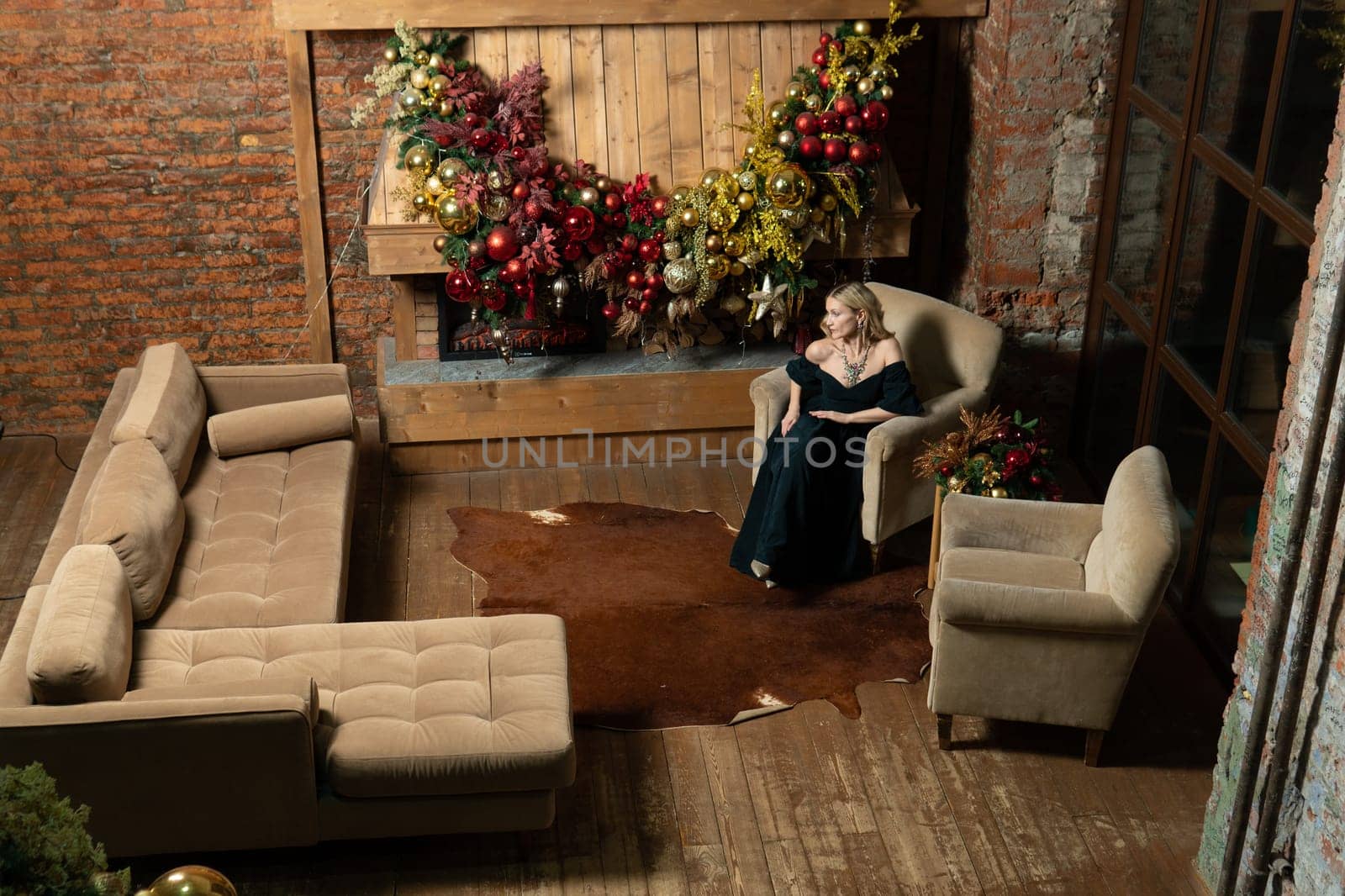 fireplace tree woman holiday girl new christmas year cozy young alone home celebration