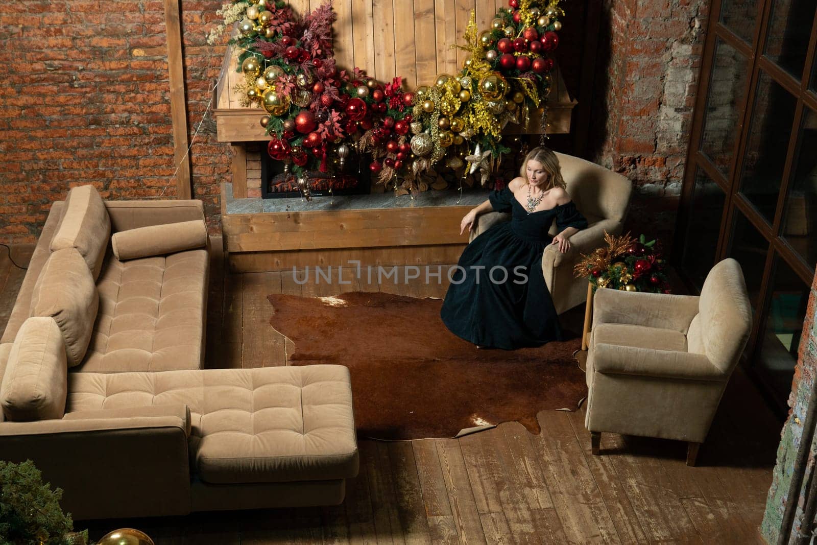 home holiday cozy tree year young girl celebration alone woman christmas fireplace new