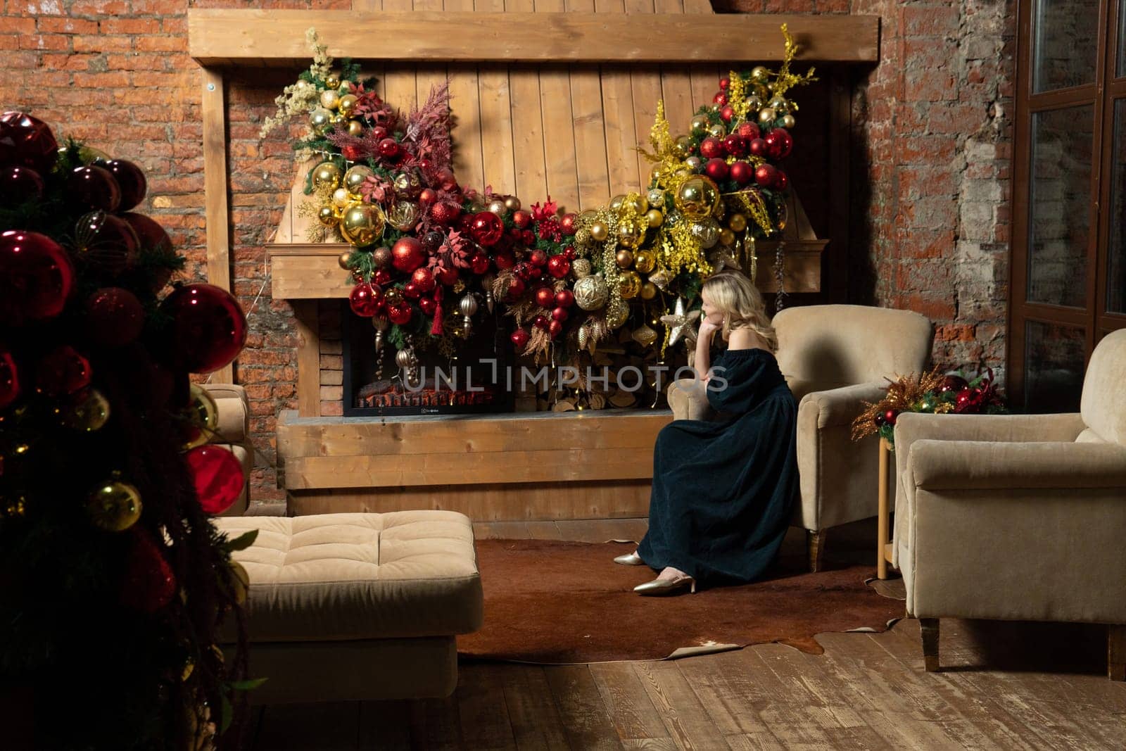 new tree young fireplace alone holiday home year celebration christmas cozy woman girl