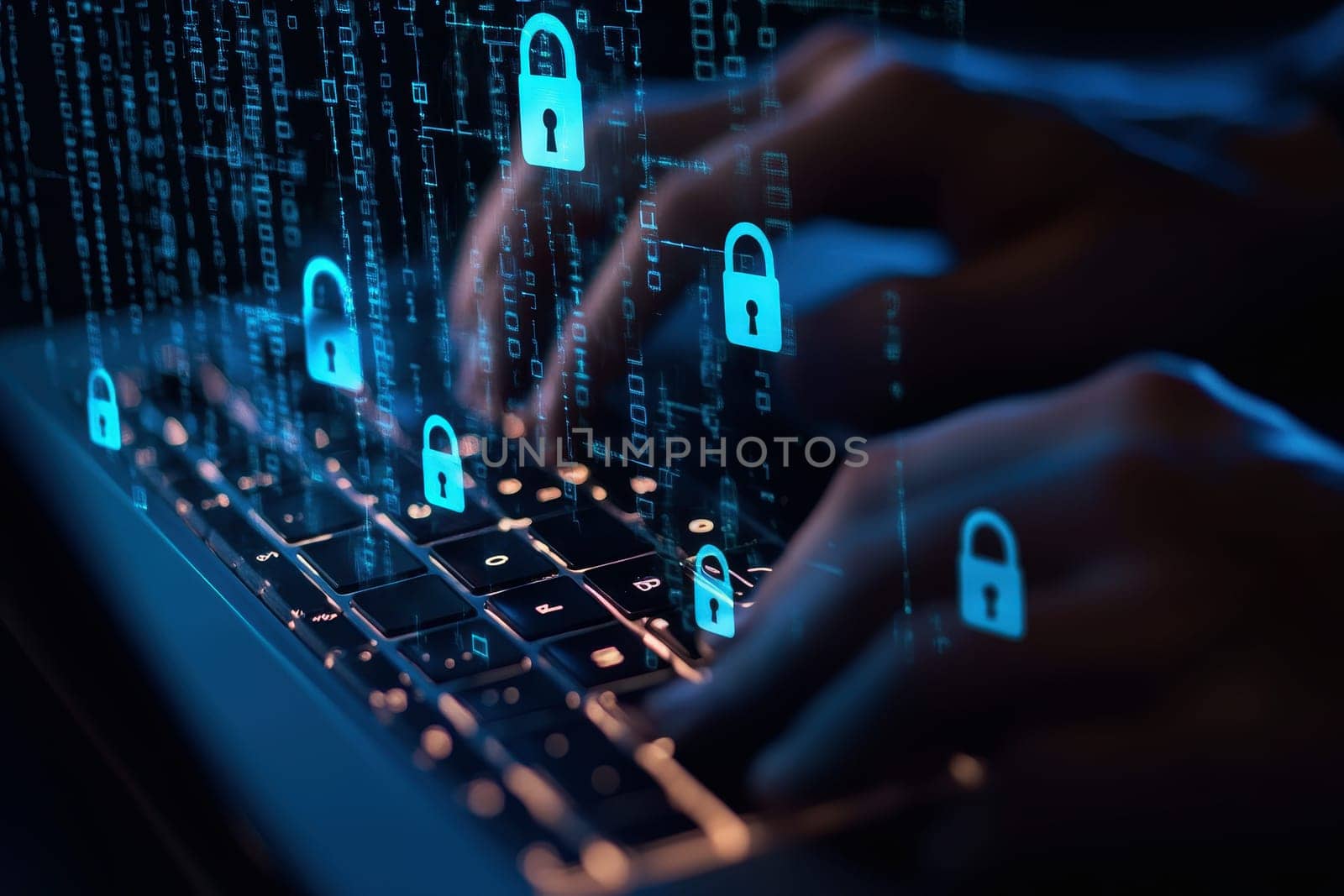 closeup of hands holding on laptop with security digital lock icons on screen ..