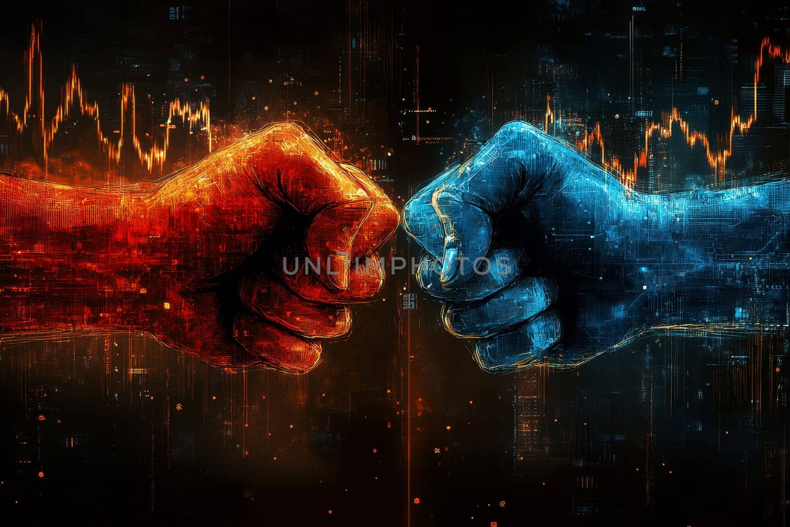 red and blue hands clenched into fists against the background , the confrontation between the two countries, concept.