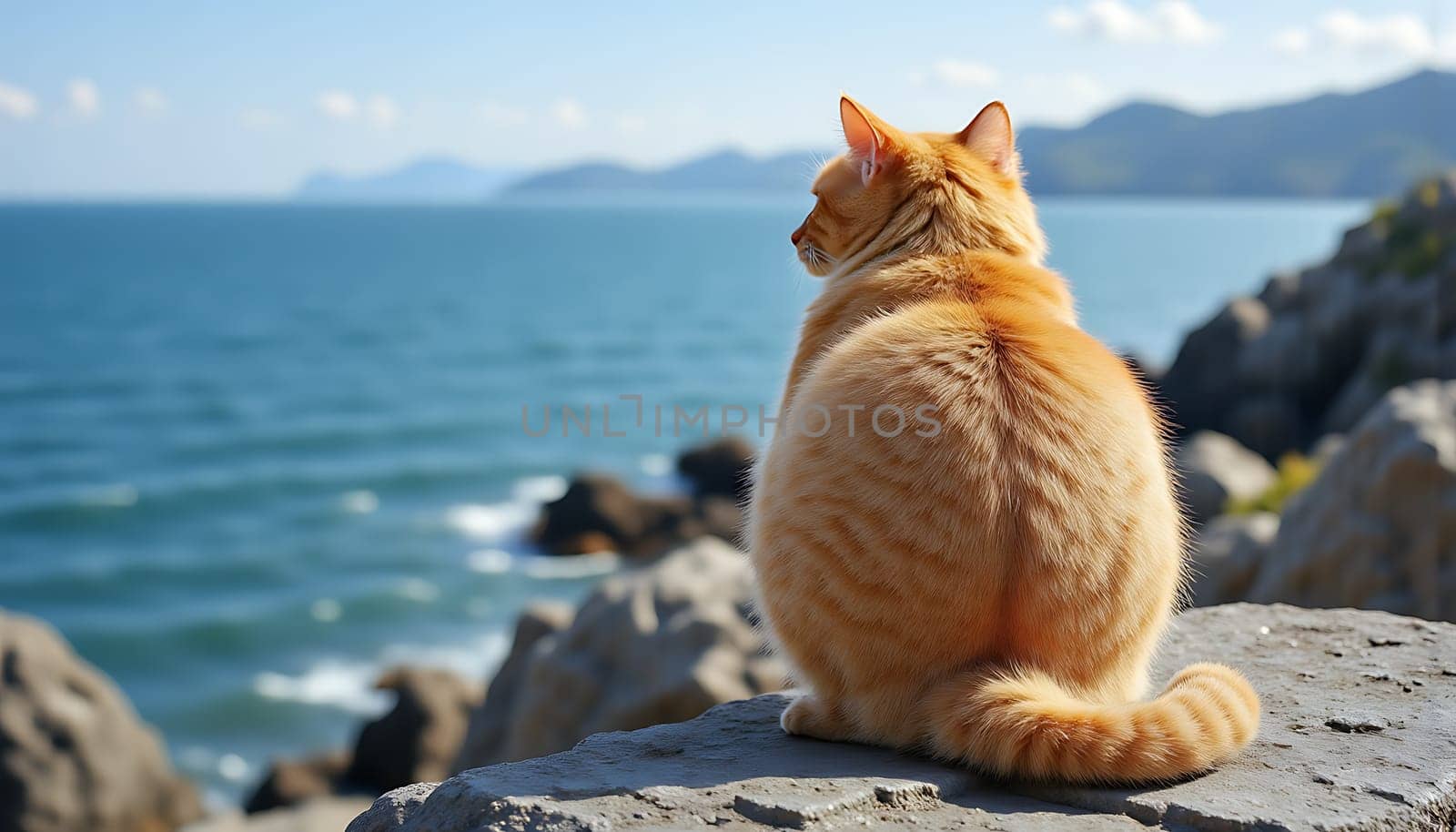Red cat on the background of a seascape